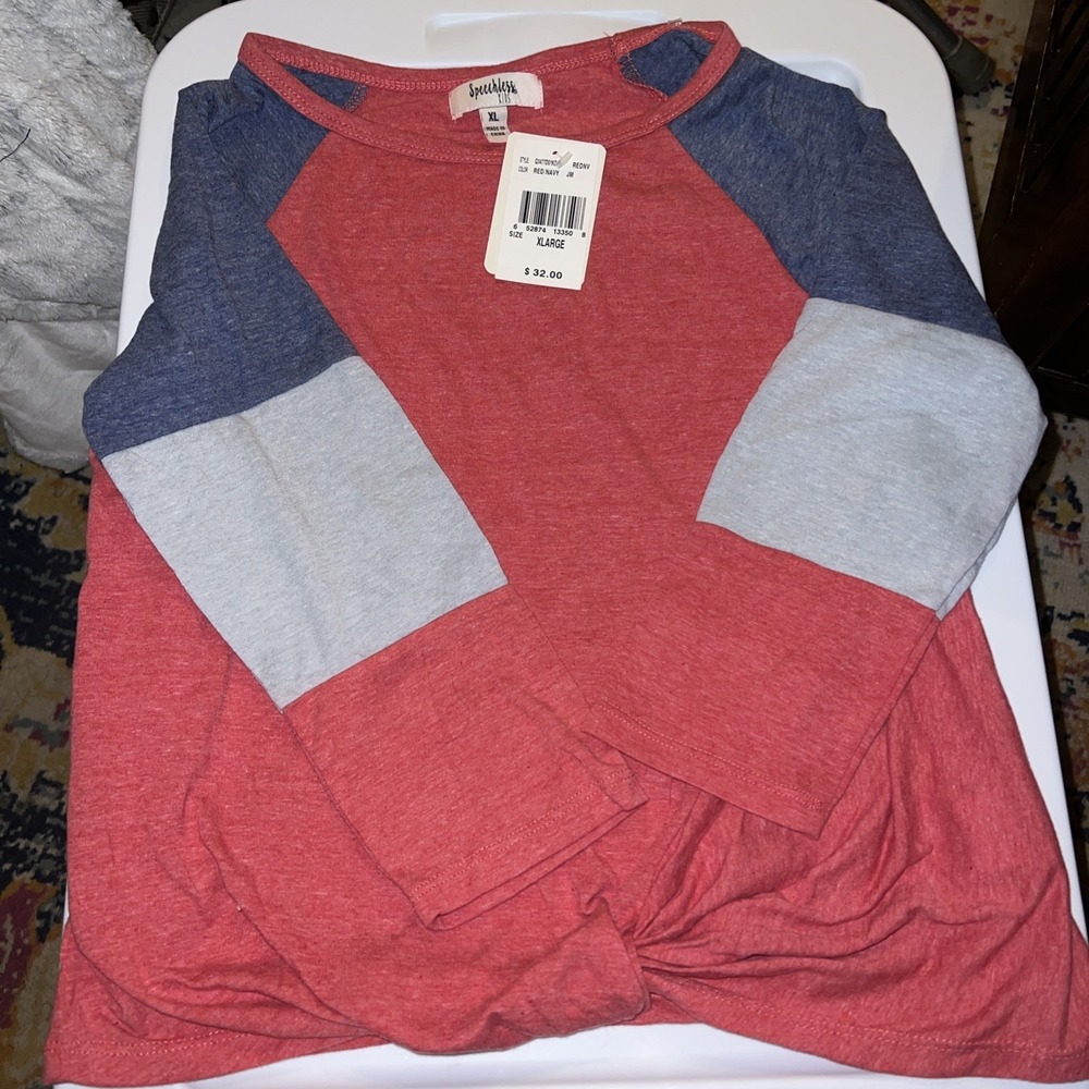 Speechless Kids Girls Long Sleeve Shirt Red Navy Blue Knot Front XL Q3477D01KD